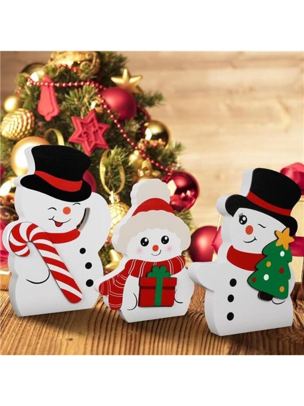 Christmas Snowman Decorations Set of 3 Wooden Tiered Tray Winter Table Decor